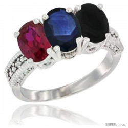 10K White Gold Natural Ruby, Blue Sapphire & Black Onyx Ring 3-Stone Oval 7x5 mm Diamond Accent