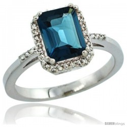 Sterling Silver Diamond Natural London Blue Topaz Ring 1.6 ct Emerald Shape 8x6 mm, 1/2 in wide -Style Cwg05129