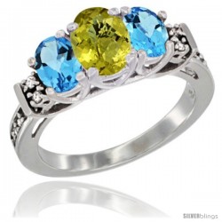 14K White Gold Natural Lemon Quartz & Swiss Blue Topaz Ring 3-Stone Oval with Diamond Accent