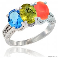 14K White Gold Natural Swiss Blue Topaz, Lemon Quartz & Coral Ring 3-Stone 7x5 mm Oval Diamond Accent