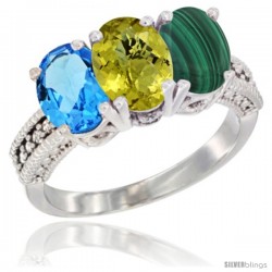 14K White Gold Natural Swiss Blue Topaz, Lemon Quartz & Malachite Ring 3-Stone 7x5 mm Oval Diamond Accent