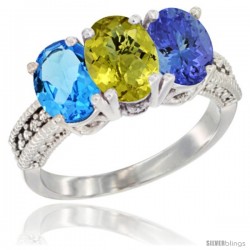 14K White Gold Natural Swiss Blue Topaz, Lemon Quartz & Tanzanite Ring 3-Stone 7x5 mm Oval Diamond Accent