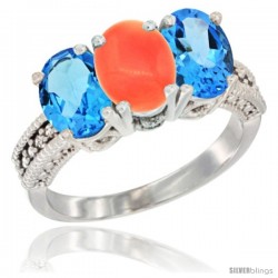 14K White Gold Natural Coral & Swiss Blue Topaz Sides Ring 3-Stone 7x5 mm Oval Diamond Accent