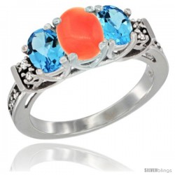 14K White Gold Natural Coral & Swiss Blue Topaz Ring 3-Stone Oval with Diamond Accent