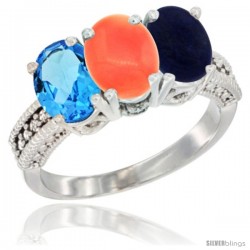 14K White Gold Natural Swiss Blue Topaz, Coral & Lapis Ring 3-Stone 7x5 mm Oval Diamond Accent