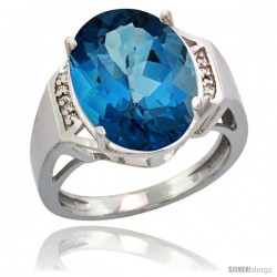 Sterling Silver Diamond Natural London Blue Topaz Ring 9.7 ct Large Oval Stone 16x12 mm, 5/8 in wide