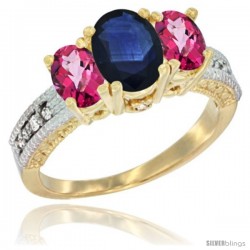 14k Yellow Gold Ladies Oval Natural Blue Sapphire 3-Stone Ring with Pink Topaz Sides Diamond Accent