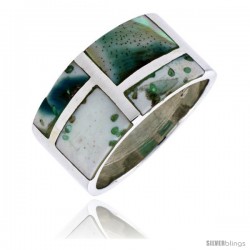 Sterling Silver Rectangular Flat Band, w/Blue-Green Mother of Pearl Inlay, 1/2" (13 mm) wide