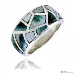 Sterling Silver Dome Band, w/Blue-Green Mother of Pearl Inlay, 9/16" (14 mm) wide