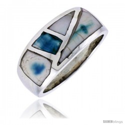 Sterling Silver Fancy Band, w/Blue-Green Mother of Pearl Inlay, 7/16" (11 mm) wide