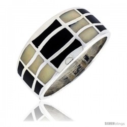 Sterling Silver Striped Band, w/Black & White Mother of Pearl Inlay, 1/2" (12 mm) wide