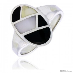 Sterling Silver Oval Shell Ring, w/Black & White Mother of Pearl Inlay, 11/16" (17 mm) wide