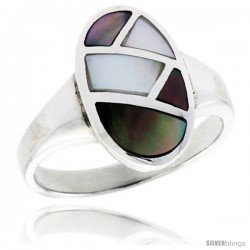 Sterling Silver Oval Shell Ring, w/Colorful Mother of Pearl Inlay, 11/16" (17 mm) wide