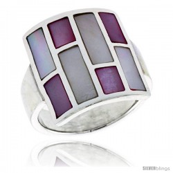 Sterling Silver Square-shaped Shell Ring, w/Pink & White Mother of Pearl Inlay, 7/8" (22 mm) wide