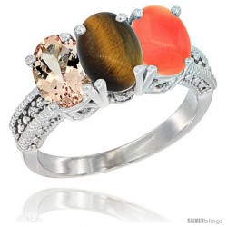 14K White Gold Natural Morganite, Tiger Eye & Coral Ring 3-Stone Oval 7x5 mm Diamond Accent