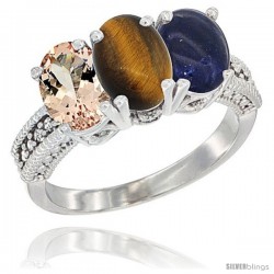 14K White Gold Natural Morganite, Tiger Eye & Lapis Ring 3-Stone Oval 7x5 mm Diamond Accent