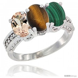 14K White Gold Natural Morganite, Tiger Eye & Malachite Ring 3-Stone Oval 7x5 mm Diamond Accent