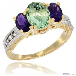 10K Yellow Gold Ladies Oval Natural Green Amethyst 3-Stone Ring with Amethyst Sides Diamond Accent