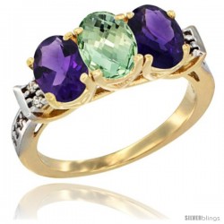 10K Yellow Gold Natural Purple & Green Amethysts Ring 3-Stone Oval 7x5 mm Diamond Accent