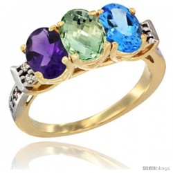 10K Yellow Gold Natural Amethyst, Green Amethyst & Swiss Blue Topaz Ring 3-Stone Oval 7x5 mm Diamond Accent