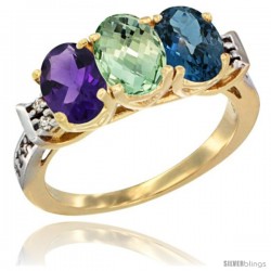 10K Yellow Gold Natural Amethyst, Green Amethyst & London Blue Topaz Ring 3-Stone Oval 7x5 mm Diamond Accent