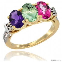 10K Yellow Gold Natural Amethyst, Green Amethyst & Pink Topaz Ring 3-Stone Oval 7x5 mm Diamond Accent