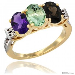 10K Yellow Gold Natural Amethyst, Green Amethyst & Smoky Topaz Ring 3-Stone Oval 7x5 mm Diamond Accent