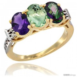 10K Yellow Gold Natural Amethyst, Green Amethyst & Mystic Topaz Ring 3-Stone Oval 7x5 mm Diamond Accent