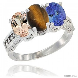 14K White Gold Natural Morganite, Tiger Eye & Tanzanite Ring 3-Stone Oval 7x5 mm Diamond Accent