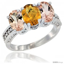 14K White Gold Natural Whisky Quartz & Morganite Sides Ring 3-Stone Oval 7x5 mm Diamond Accent