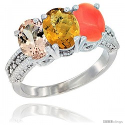 14K White Gold Natural Morganite, Whisky Quartz & Coral Ring 3-Stone Oval 7x5 mm Diamond Accent