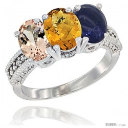 14K White Gold Natural Morganite, Whisky Quartz & Lapis Ring 3-Stone Oval 7x5 mm Diamond Accent