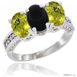 10K White Gold Natural Black Onyx & Lemon Quartz Sides Ring 3-Stone Oval 7x5 mm Diamond Accent