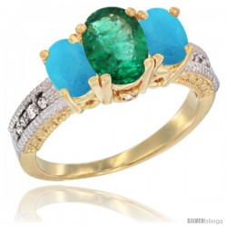 10K Yellow Gold Ladies Oval Natural Emerald 3-Stone Ring with Turquoise Sides Diamond Accent