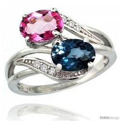 14k White Gold ( 8x6 mm ) Double Stone Engagement London Blue & Pink Topaz Ring w/ 0.07 Carat Brilliant Cut Diamonds & 2.34