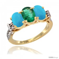 10K Yellow Gold Natural Emerald & Turquoise Sides Ring 3-Stone Oval 7x5 mm Diamond Accent