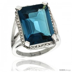 Sterling Silver Diamond Natural London Blue Topaz Ring 14.96 ct Emerald Shape 18x13 mm Stone, 13/16 in wide