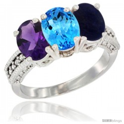 10K White Gold Natural Amethyst, Swiss Blue Topaz & Lapis Ring 3-Stone Oval 7x5 mm Diamond Accent