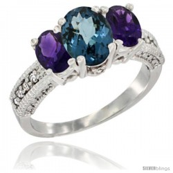 10K White Gold Ladies Oval Natural London Blue Topaz 3-Stone Ring with Amethyst Sides Diamond Accent