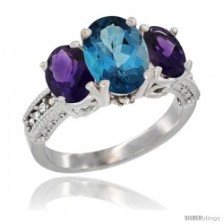 10K White Gold Ladies Natural London Blue Topaz Oval 3 Stone Ring with Amethyst Sides Diamond Accent