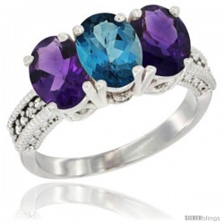 10K White Gold Natural London Blue Topaz & Amethyst Sides Ring 3-Stone Oval 7x5 mm Diamond Accent