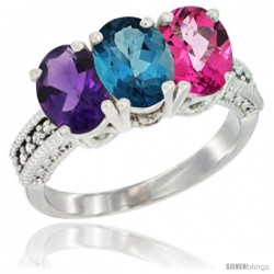 10K White Gold Natural Amethyst, London Blue Topaz & Pink Topaz Ring 3-Stone Oval 7x5 mm Diamond Accent