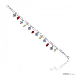 Sterling Silver Italian Charm Bracelet w/ Dangling Sun Pendants & Natural Carnelian Stones, 5/8" (16 mm) wide