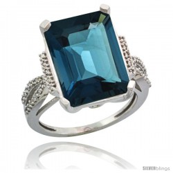 Sterling Silver Diamond Natural London Blue Topaz Ring 12 ct Emerald Shape 16x12 Stone 3/4 in wide