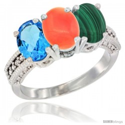 14K White Gold Natural Swiss Blue Topaz, Coral & Malachite Ring 3-Stone 7x5 mm Oval Diamond Accent