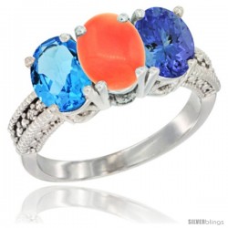 14K White Gold Natural Swiss Blue Topaz, Coral & Tanzanite Ring 3-Stone 7x5 mm Oval Diamond Accent