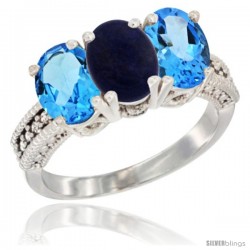 14K White Gold Natural Lapis & Swiss Blue Topaz Sides Ring 3-Stone 7x5 mm Oval Diamond Accent