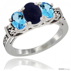 14K White Gold Natural Lapis & Swiss Blue Topaz Ring 3-Stone Oval with Diamond Accent