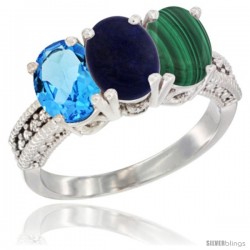 14K White Gold Natural Swiss Blue Topaz, Lapis & Malachite Ring 3-Stone 7x5 mm Oval Diamond Accent