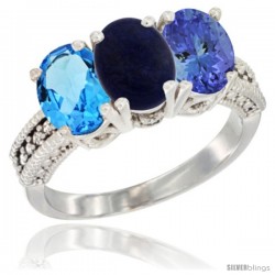 14K White Gold Natural Swiss Blue Topaz, Lapis & Tanzanite Ring 3-Stone 7x5 mm Oval Diamond Accent